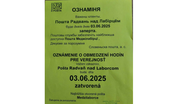 3.6.2025 zatvorená pošta v našej obci