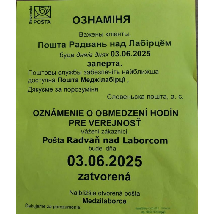 3.6.2025 zatvorená pošta v našej obci