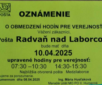 Aktuality / zmena otváracích hodín pošty 10.4.2025 - foto