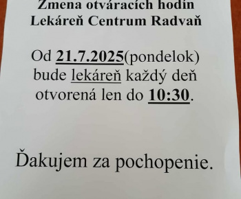 Aktuality / skrátená otváracia doba lekárne od 21.7.2025 - foto