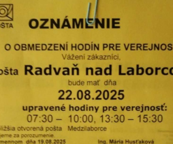 Aktuality / zmena otváracej doby pošty 22.8.2025 - foto