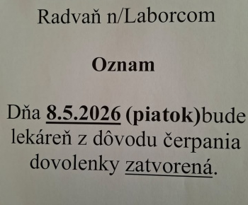 Aktuality / ZMENENÁ OTVÁRACIA DOBA LEKÁRNE V NAŠEJ OBCI 4.5.2026 A 8.5.2026 - foto