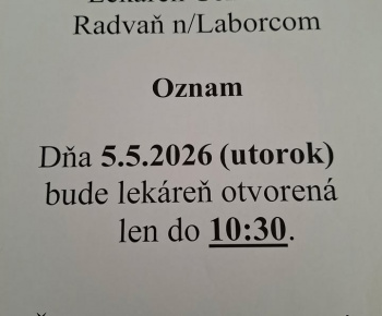 Aktuality / ZMENENÁ OTVÁRACIA DOBA LEKÁRNE V NAŠEJ OBCI 4.5.2026 A 8.5.2026 - foto