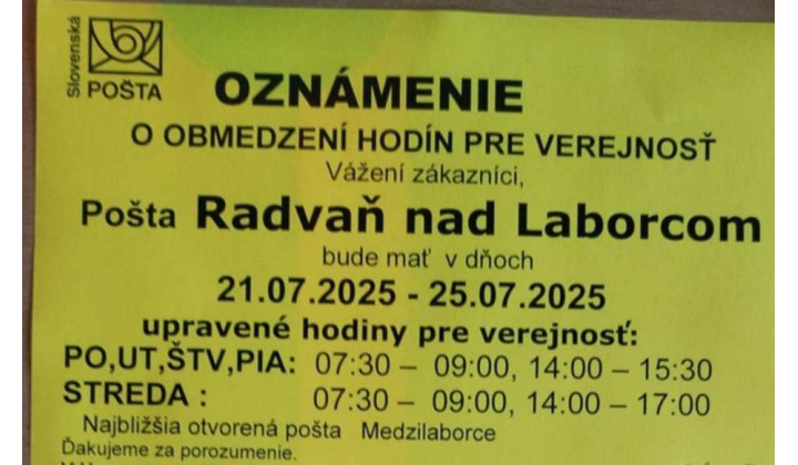 obmedzená prevádzka pošty v našej obci