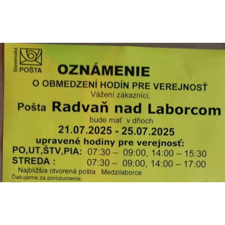 obmedzená prevádzka pošty v našej obci