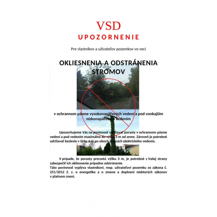 Oznámenia o plánovanom výrube NN, Východoslovenská distribučná, a.s. 