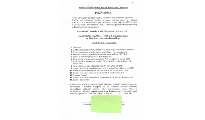 pozvánka PZ VULAP Radvaň nad Laborcom