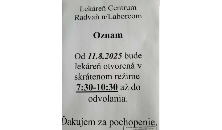 Skrátená otváracia doba lekárne 