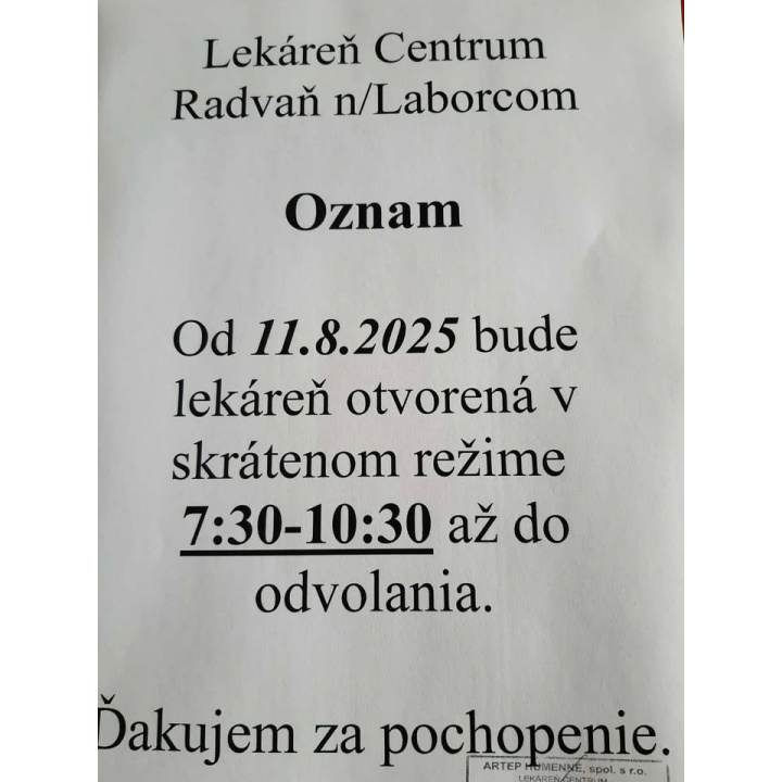 Skrátená otváracia doba lekárne 