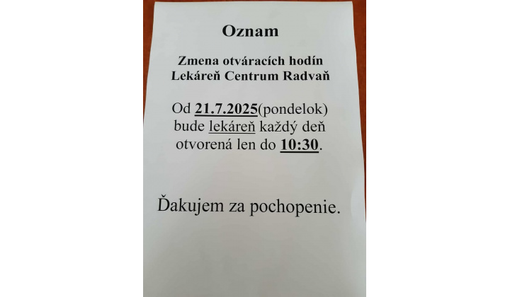 skrátená otváracia doba lekárne od 21.7.2025