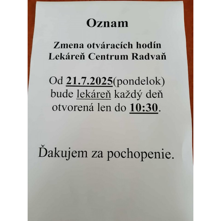 skrátená otváracia doba lekárne od 21.7.2025