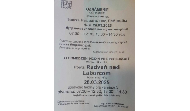 skrátená otváracia doba pošty 28.3.2025