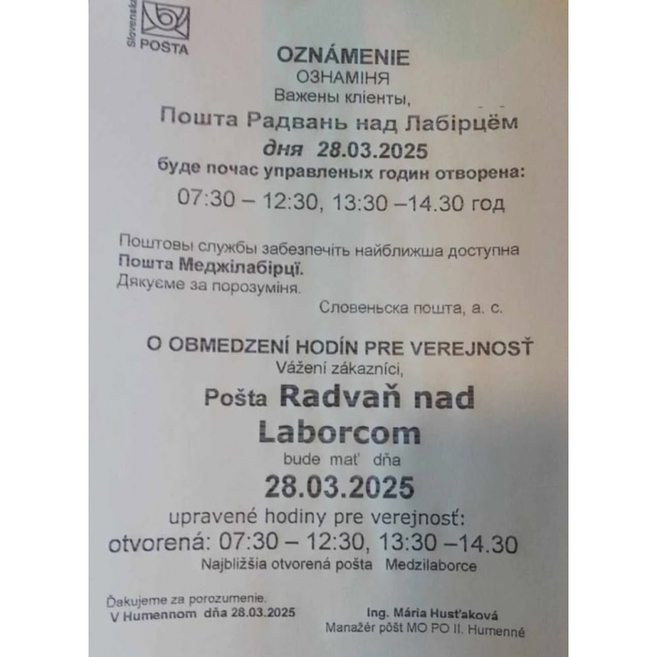 skrátená otváracia doba pošty 28.3.2025