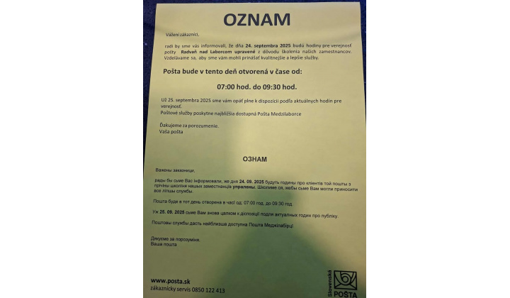 upravená prevádzková doba na pošte v našej obci