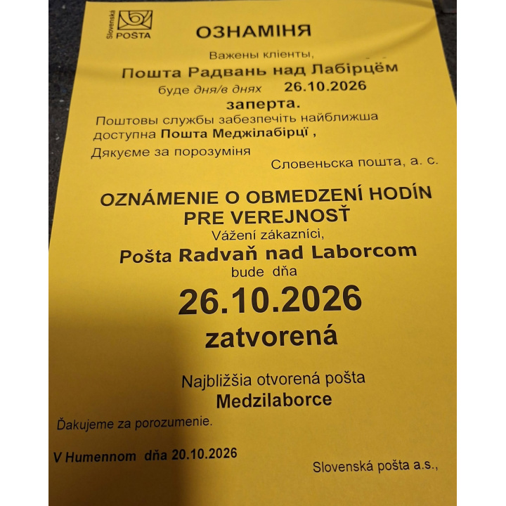 zatvorená pošta 26.10.2026