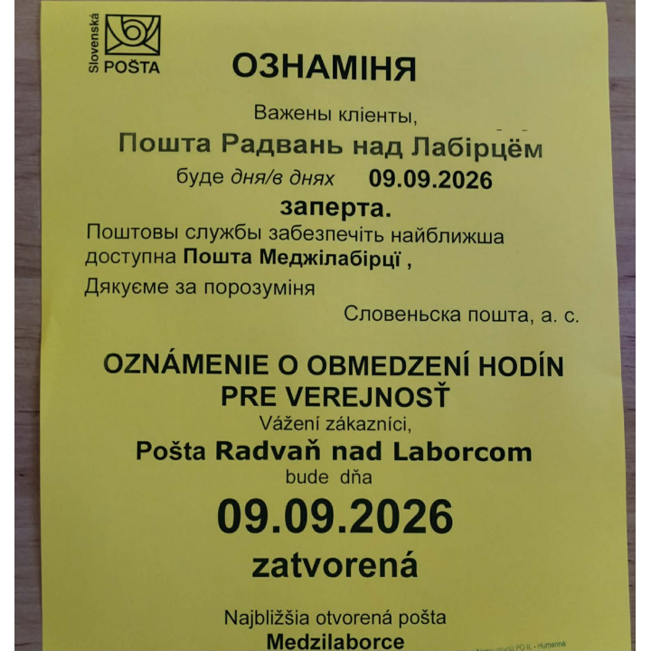 zatvorená pošta 9.9.2026
