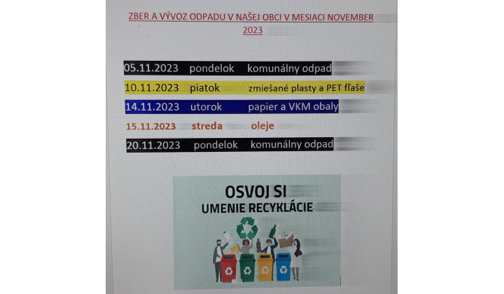 zber a vývoz odpadu v našej obci v mesiaci november 2023