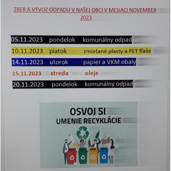 zber a vývoz odpadu v našej obci v mesiaci november 2023