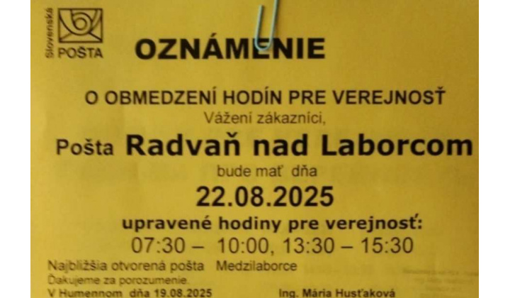 zmena otváracej doby pošty 22.8.2025