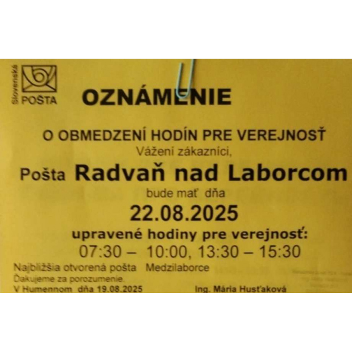 zmena otváracej doby pošty 22.8.2025