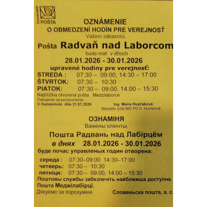 ZMENA OTVáRACEJ DOBY POšTY V NAšEJ OBCI