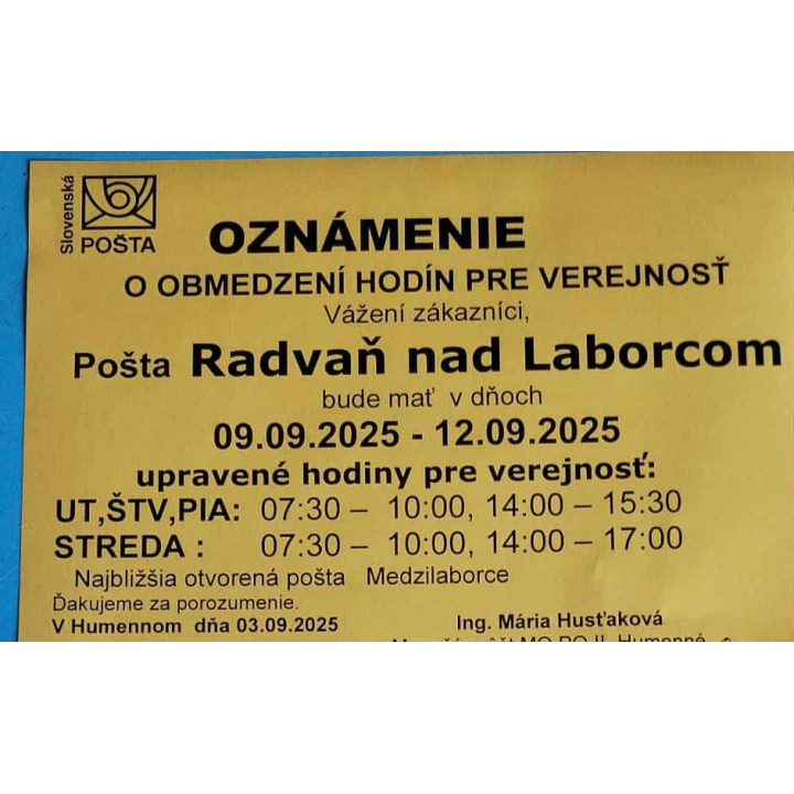 zmena prevádzky pošty v našej obci 